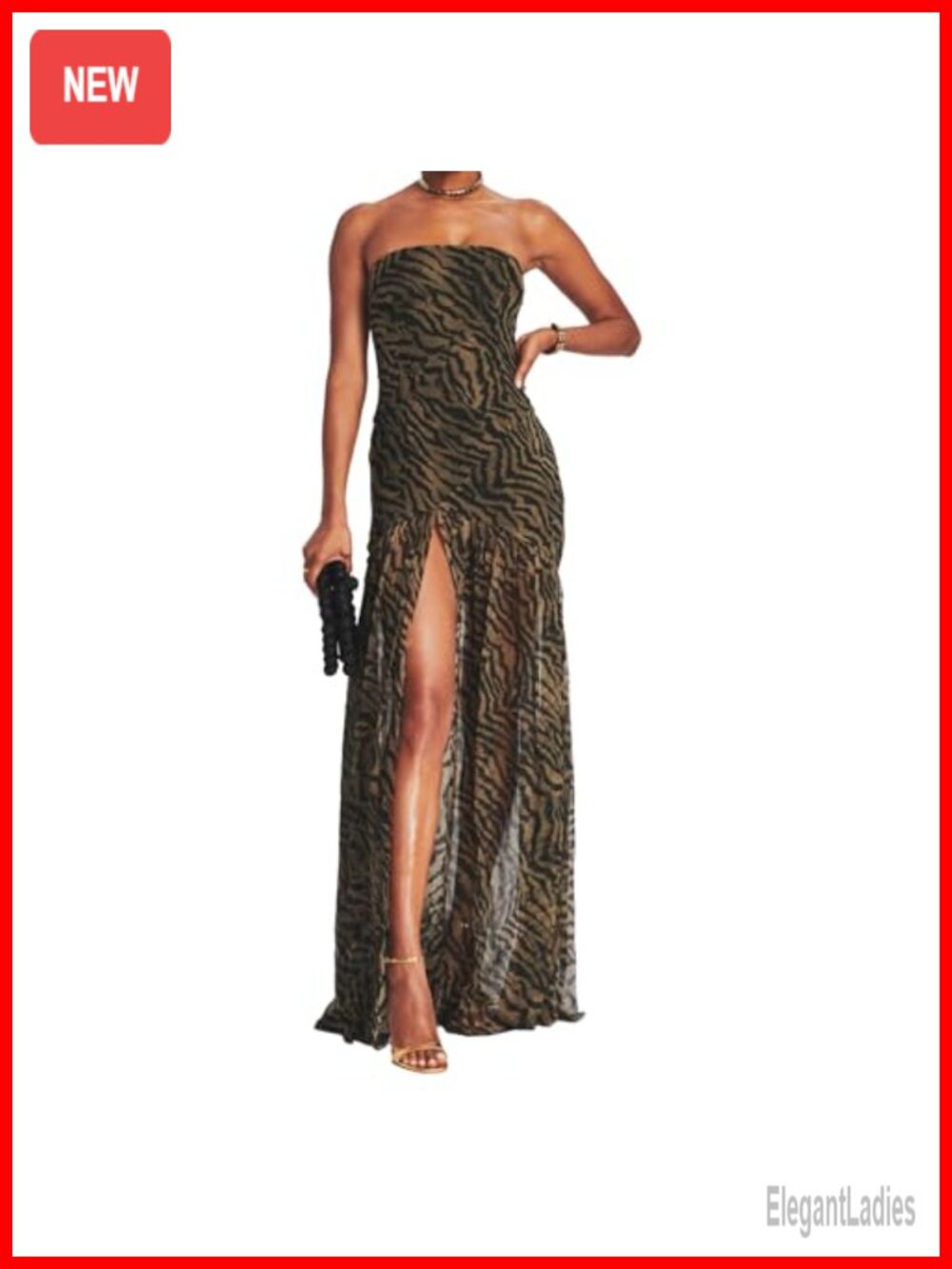Women Strapless Maxi Dress Tiger Stripe Mesh High Slit Beach Vacation